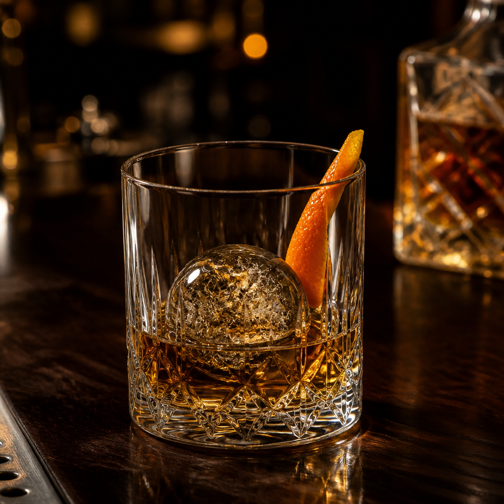 Indian whisky poured over a clear ice sphere