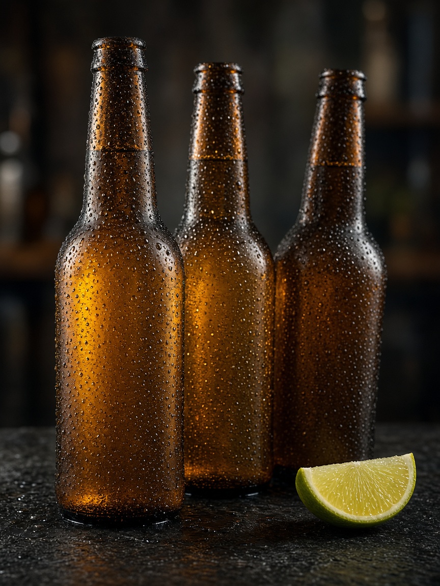 Cold beer bottles on a dark bar