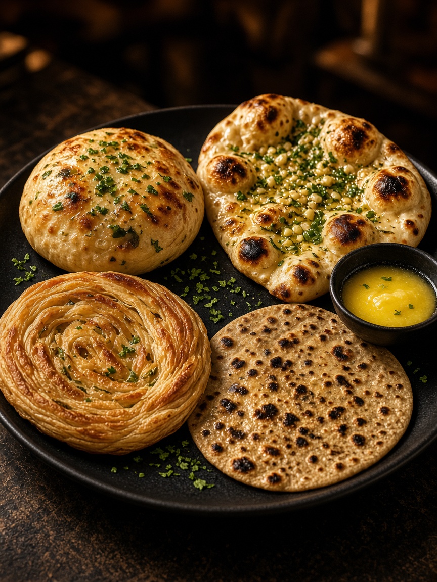 Stuffed kulcha, naan, paratha, and tandoori roti