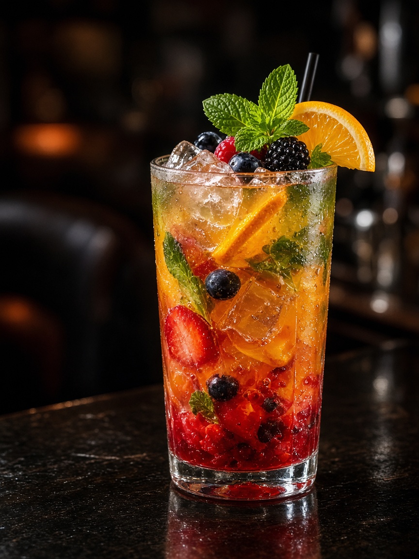 A citrus and berry cocktail on a dark bar