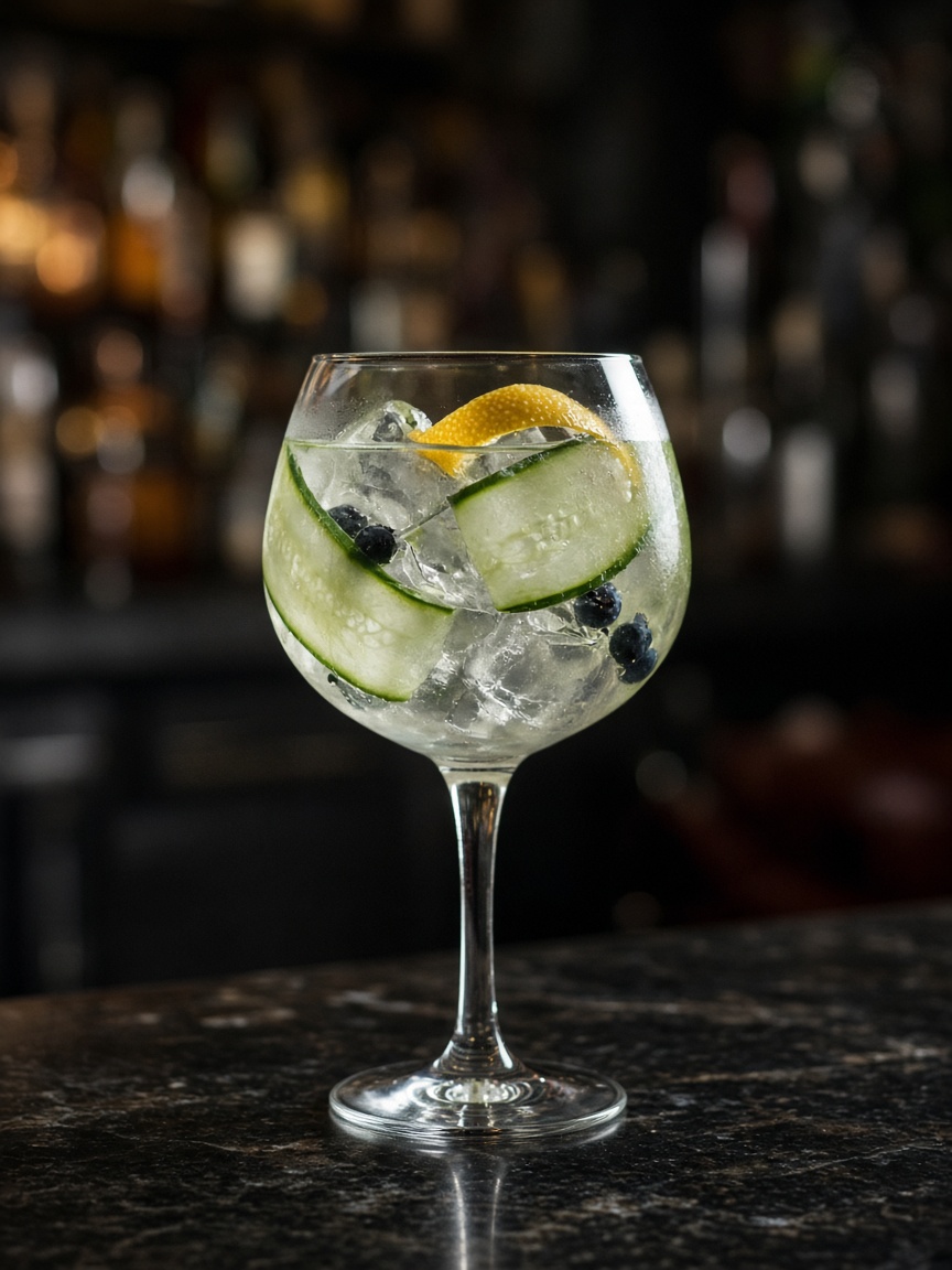 Gin over ice with cucumber and citrus