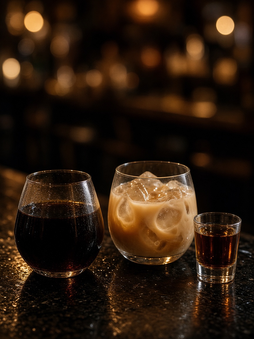 Herbal liqueur and cream liqueur on a dark bar