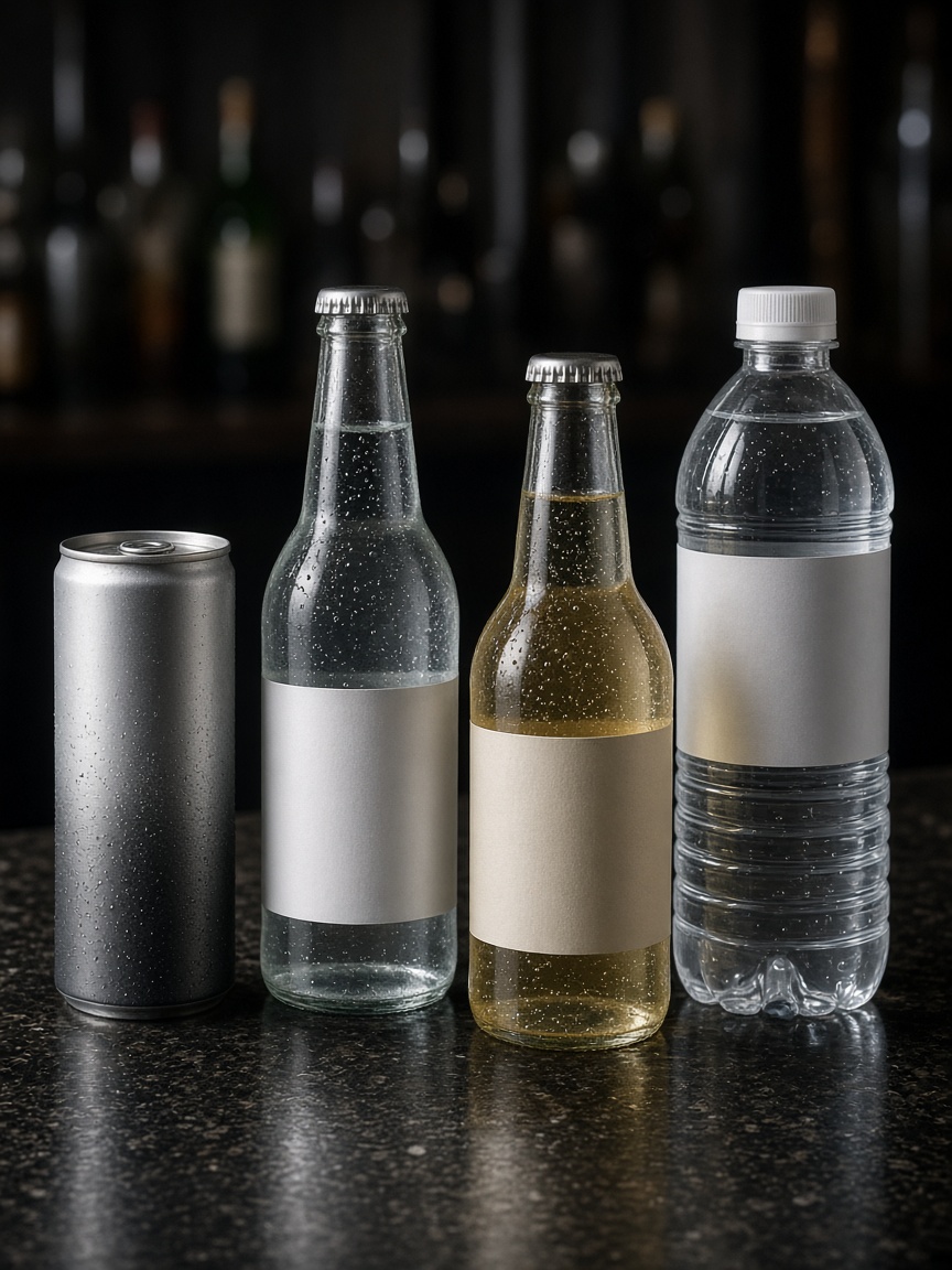 Soft drinks, tonic, and mixers on a dark bar