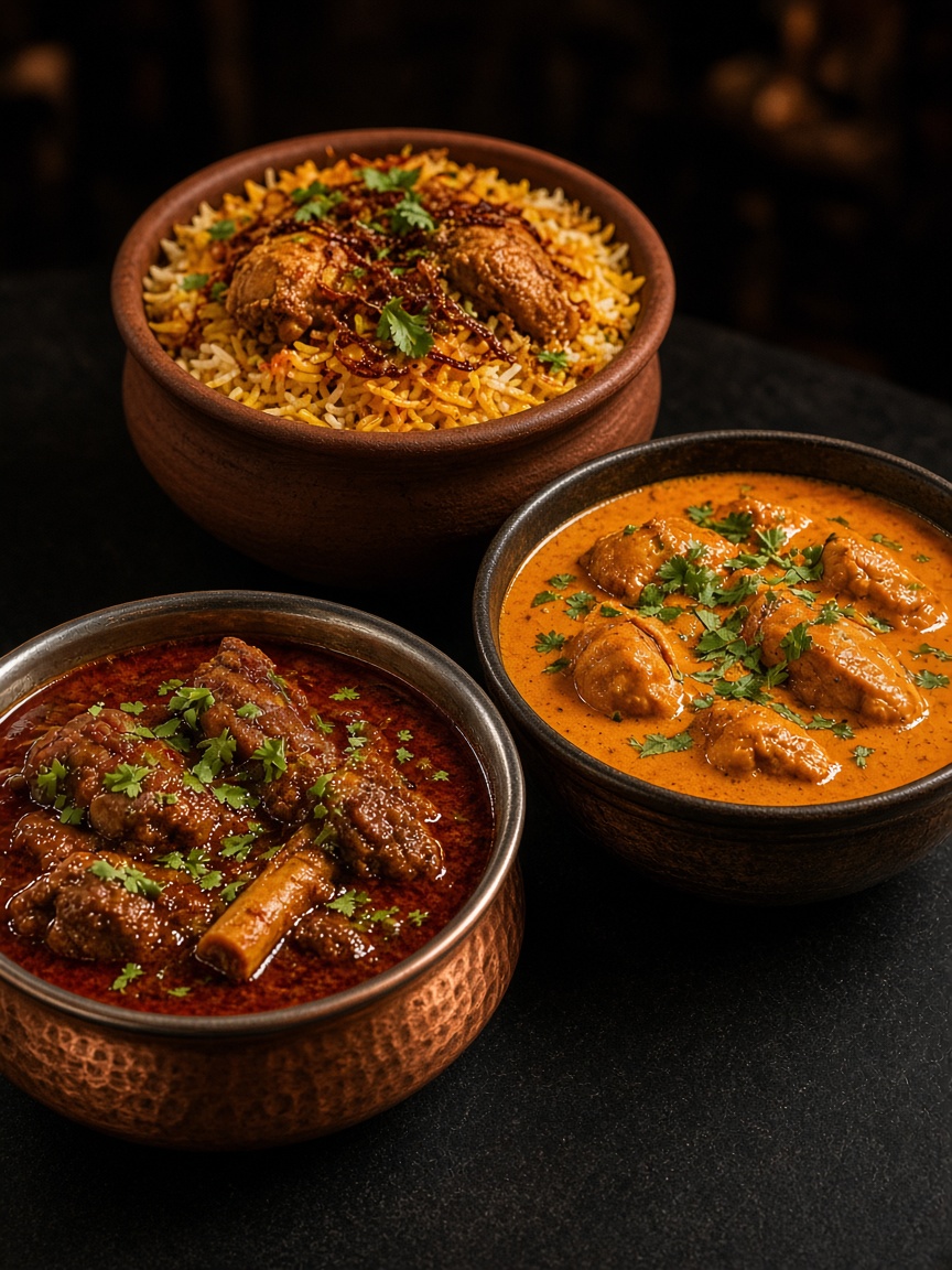 Mutton rogan josh, butter chicken, and chicken biryani