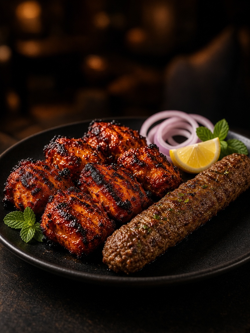 Chargrilled chicken tikka and seekh kebab