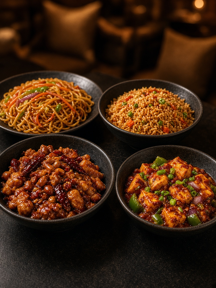 Kung pao chicken, chilli paneer, fried rice, and noodles