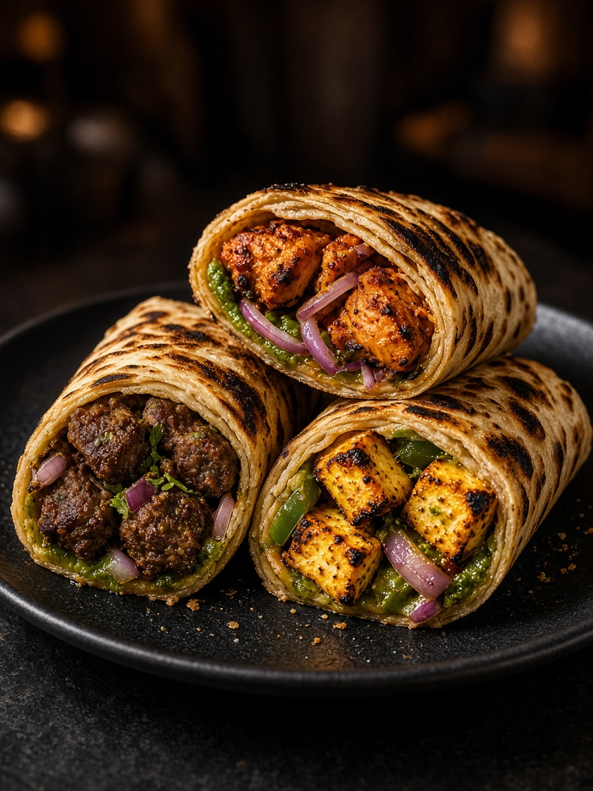 Indian tikka rolls with mutton, chicken, and paneer