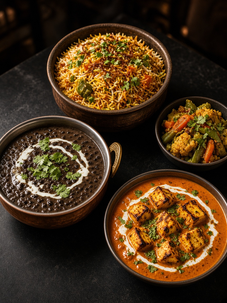 Dal bukhara, butter paneer, and vegetable biryani