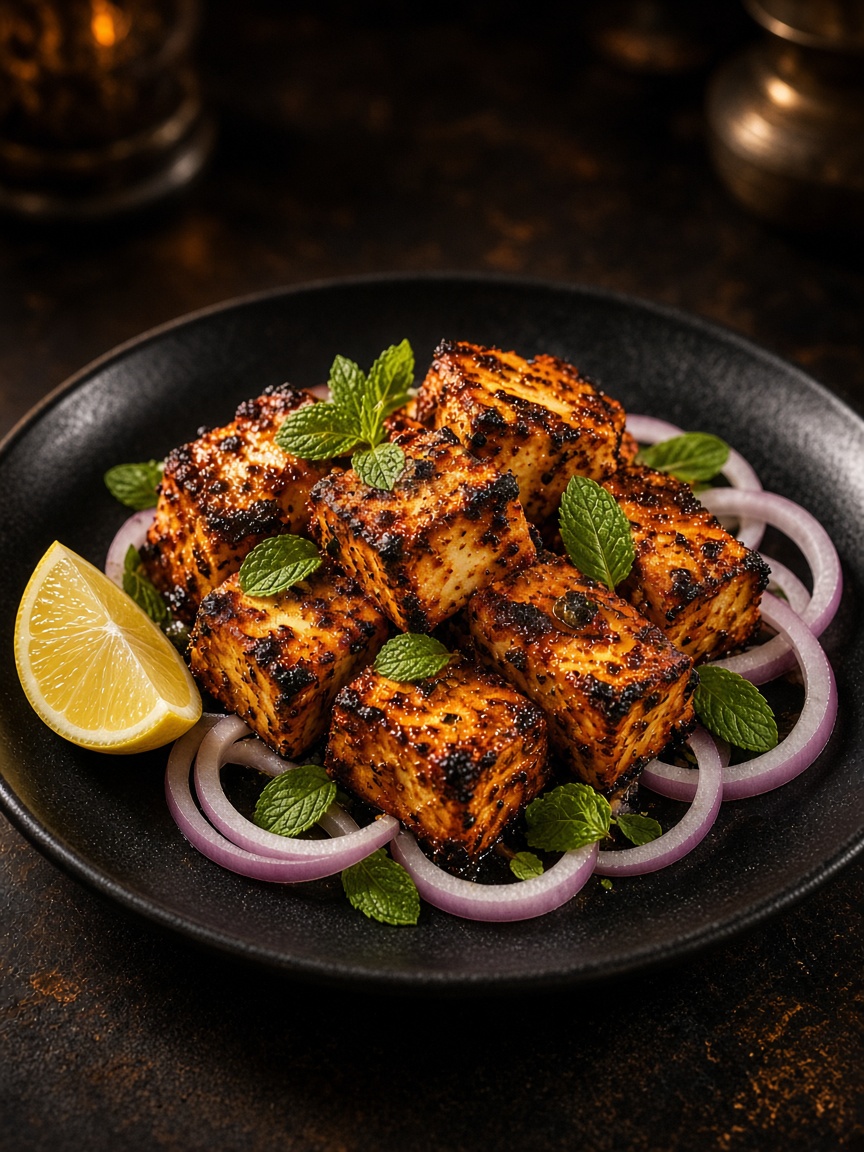 Chargrilled paneer tikka with mint and onion