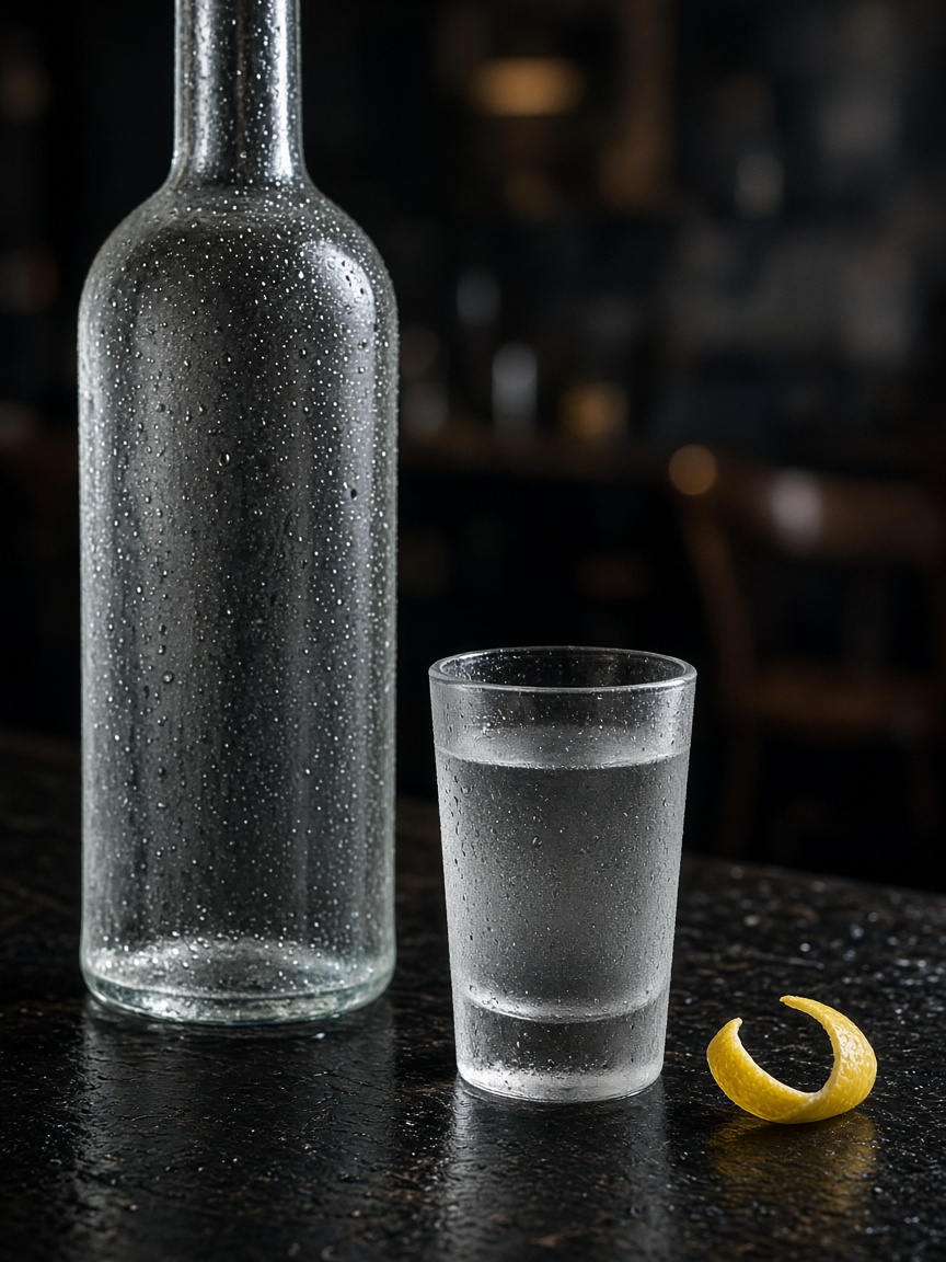 Chilled vodka in a glass on a dark bar