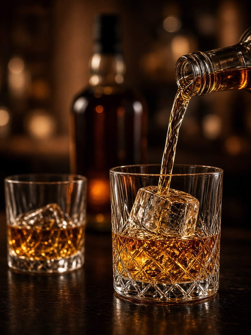 Whisky poured into a tumbler on a dark bar