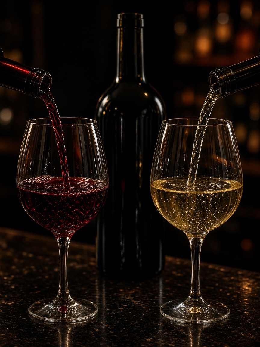 Red and white wine poured into glasses